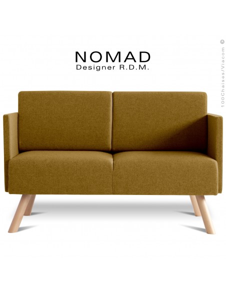 Banquette design NOMAD, piétement bois teinté naturel, assise et dossier garnis habillage tissu couleur kaki.