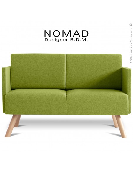 Banquette design NOMAD, piétement bois teinté naturel, assise et dossier garnis habillage tissu couleur vert pistache.