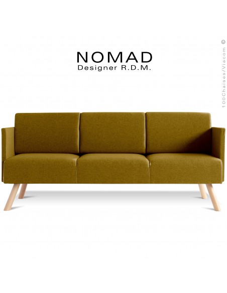 Banquette design avec accoudoirs NOMAD, 3 places, piétement bois teinté naturel, assise tissu kaki.