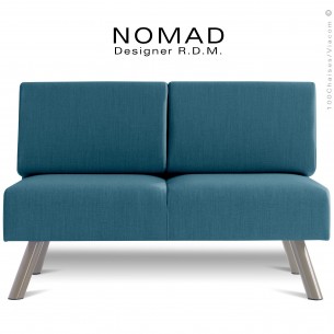 Banquette design NOMAD, piétement acier peint gris Tourterelle, assise et dossier garnis habillage tissu bleu pétrole.