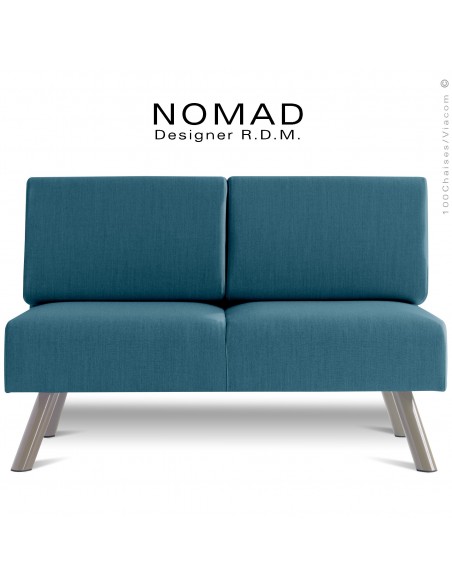 Banquette design NOMAD, piétement acier peint gris Tourterelle, assise et dossier garnis habillage tissu bleu pétrole.
