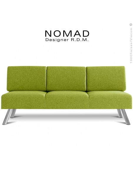 Banquette 3 places design NOMAD, piétement acier chromé, assise et dossier habillage tissu vert pistache.