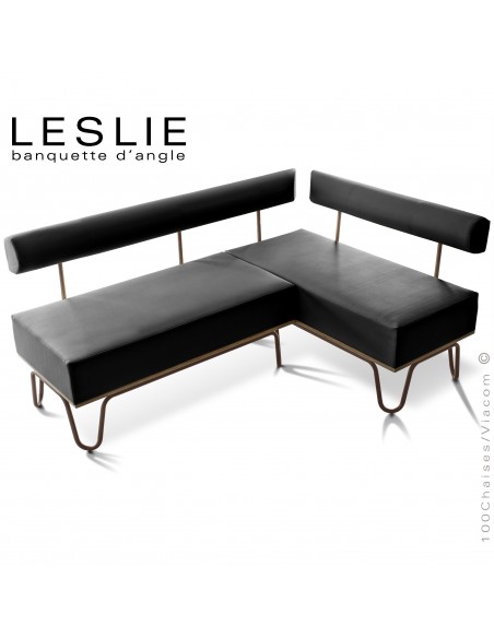Banquette d'angle design LESLIE, piétement acier peint marron, structure bois, habillage cuir synthétique couleur noir.