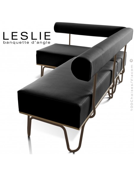 Banquette d'angle design LESLIE, piétement acier peint marron, structure bois, habillage cuir synthétique couleur noir.