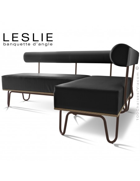 Banquette d'angle design LESLIE, piétement acier peint marron, structure bois, habillage cuir synthétique couleur noir.