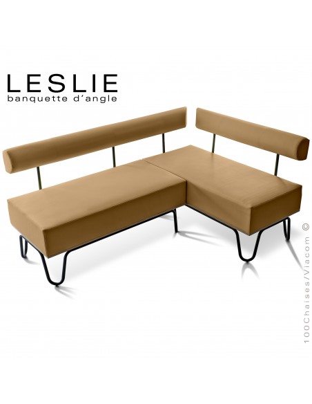 Banquette d'angle design LESLIE, piétement acier peint noir, structure bois, habillage cuir synthétique couleur beige.