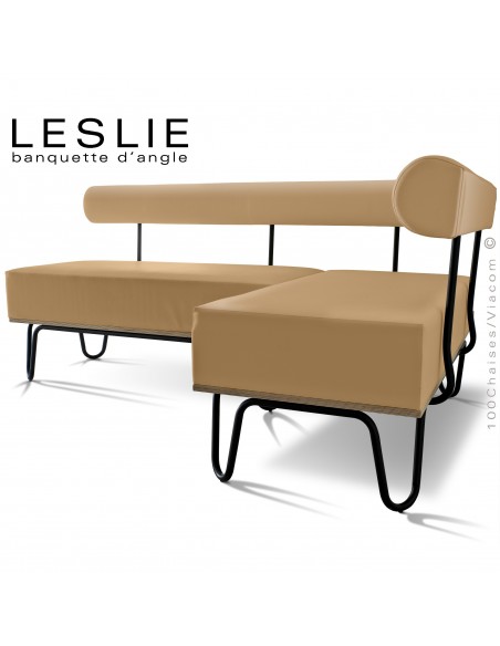 Banquette d'angle design LESLIE, piétement acier peint noir, structure bois, habillage cuir synthétique couleur beige.