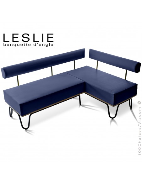 Banquette d'angle design LESLIE, piétement acier peint noir, structure bois, habillage cuir synthétique couleur bleu foncé.