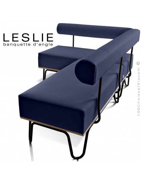 Banquette d'angle design LESLIE, piétement acier peint noir, structure bois, habillage cuir synthétique couleur bleu foncé.