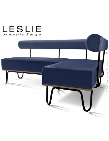 Banquette d'angle design LESLIE, piétement acier peint noir, structure bois, habillage cuir synthétique couleur bleu foncé.