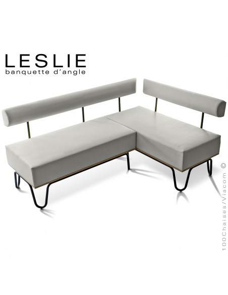 Banquette d'angle design LESLIE, piétement acier peint noir, structure bois, habillage cuir synthétique couleur gris clair.