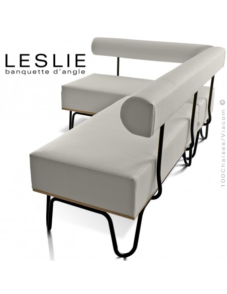 Banquette d'angle design LESLIE, piétement acier peint noir, structure bois, habillage cuir synthétique couleur gris clair.