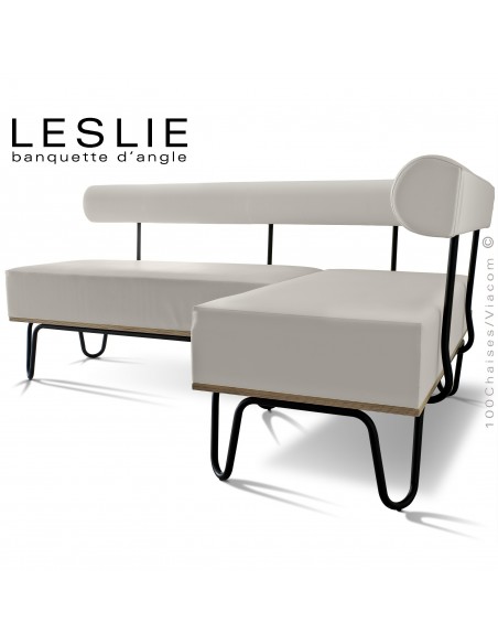 Banquette d'angle design LESLIE, piétement acier peint noir, structure bois, habillage cuir synthétique couleur gris clair.