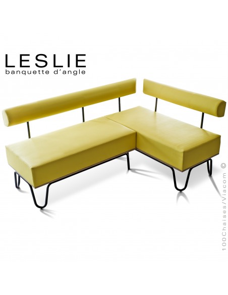 Banquette d'angle design LESLIE, piétement acier peint noir, structure bois, habillage cuir synthétique couleur jaune.