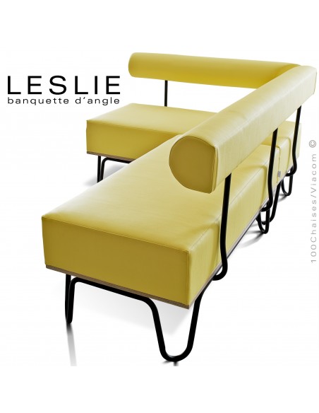 Banquette d'angle design LESLIE, piétement acier peint noir, structure bois, habillage cuir synthétique couleur jaune.