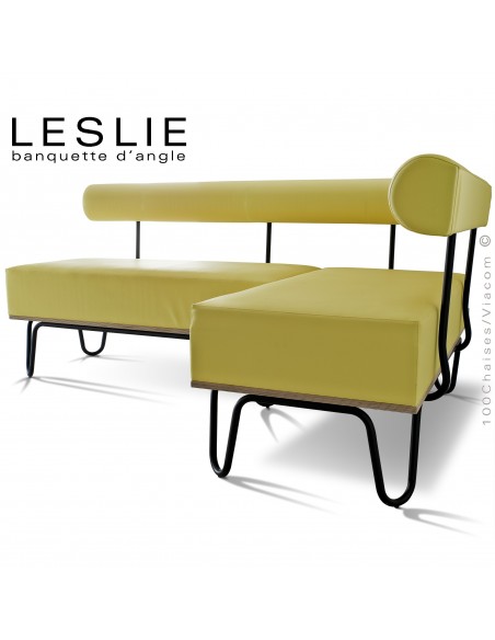 Banquette d'angle design LESLIE, piétement acier peint noir, structure bois, habillage cuir synthétique couleur jaune.