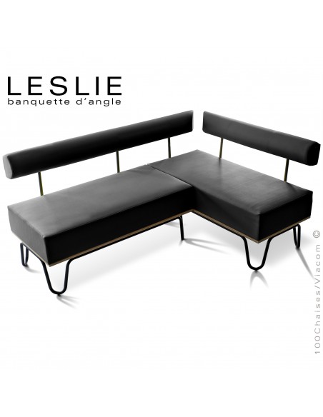 Banquette d'angle design LESLIE, piétement acier peint noir, structure bois, habillage cuir synthétique couleur noir.
