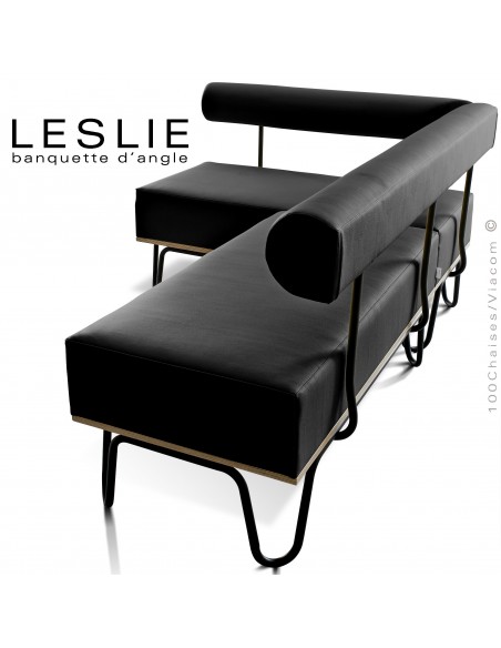 Banquette d'angle design LESLIE, piétement acier peint noir, structure bois, habillage cuir synthétique couleur noir.