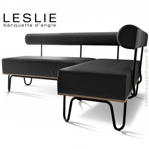Banquette d'angle design LESLIE, piétement acier peint noir, structure bois, habillage cuir synthétique couleur noir.