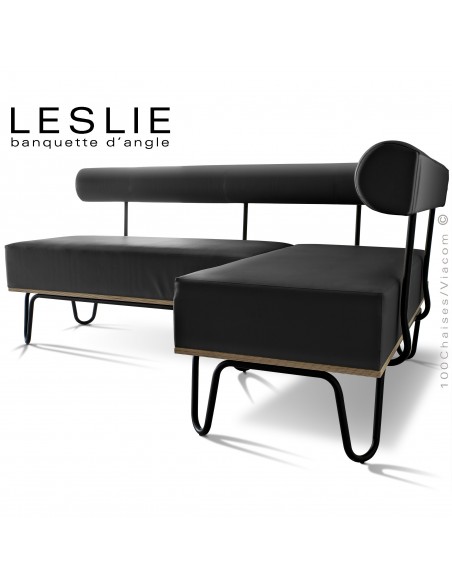 Banquette d'angle design LESLIE, piétement acier peint noir, structure bois, habillage cuir synthétique couleur noir.