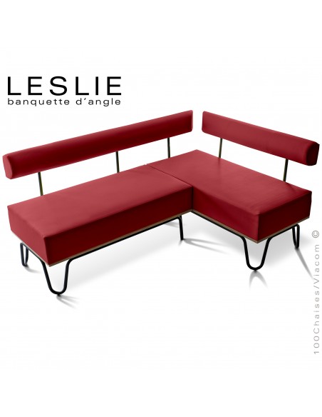 Banquette d'angle design LESLIE, piétement acier peint noir, structure bois, habillage cuir synthétique couleur rouge.