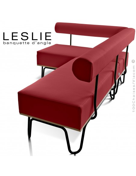 Banquette d'angle design LESLIE, piétement acier peint noir, structure bois, habillage cuir synthétique couleur rouge.