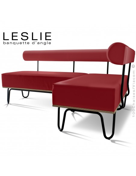 Banquette d'angle design LESLIE, piétement acier peint noir, structure bois, habillage cuir synthétique couleur rouge.