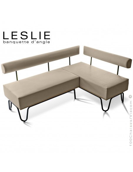 Banquette d'angle design LESLIE, piétement acier peint noir, structure bois, habillage cuir synthétique couleur sable.