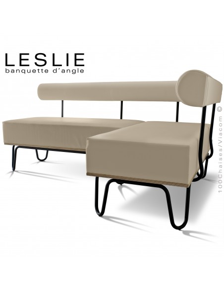 Banquette d'angle design LESLIE, piétement acier peint noir, structure bois, habillage cuir synthétique couleur sable.