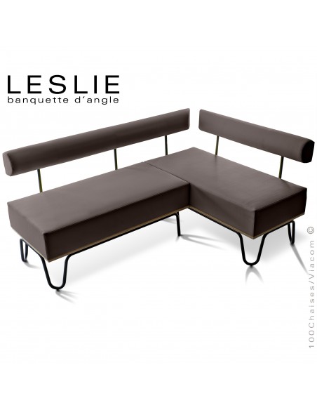 Banquette d'angle design LESLIE, piétement acier peint noir, structure bois, habillage cuir synthétique couleur taupe.