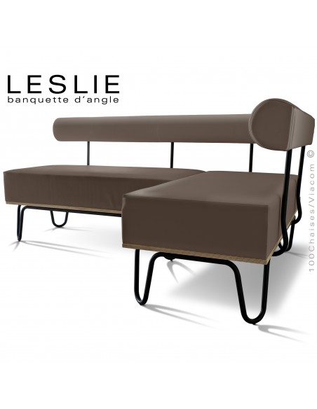 Banquette d'angle design LESLIE, piétement acier peint noir, structure bois, habillage cuir synthétique couleur taupe.