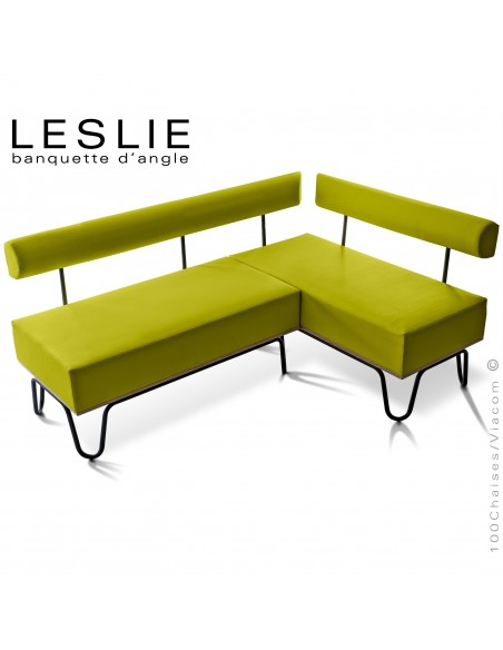 Banquette d'angle design LESLIE, piétement acier peint noir, structure bois, habillage cuir synthétique couleur verte.