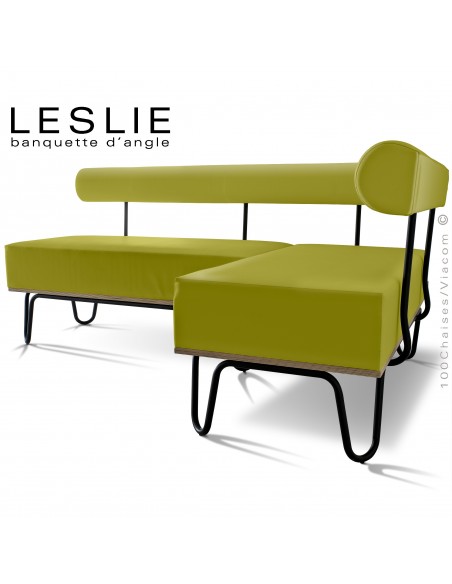 Banquette d'angle design LESLIE, piétement acier peint noir, structure bois, habillage cuir synthétique couleur verte.