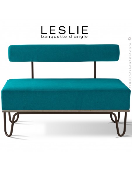Banquette design LESLIE, piétement acier peint marron, structure bois, habillage tissu synthétique couleur bleu.