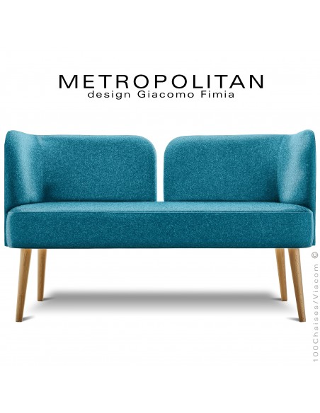 Banquette design METROPOLITAN, piétement hêtre naturel, habillage 100% laine, couleur bleu clair.