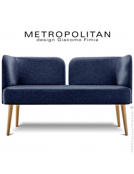 Banquette design METROPOLITAN, piétement hêtre naturel, habillage 100% laine, couleur bleu foncé.