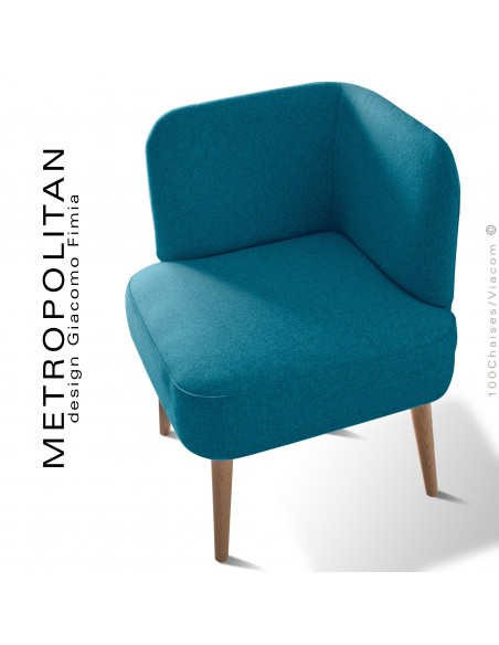 Fauteuil d'angle design METROPOLITAN, piétement hêtre naturel, habillage 100% laine, couleur bleu clair.