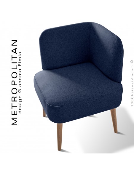 Fauteuil d'angle design METROPOLITAN, piétement hêtre naturel, habillage 100% laine, couleur bleu foncé.