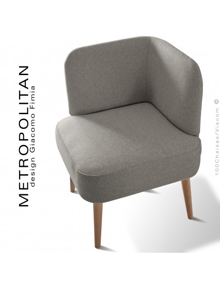 Fauteuil d'angle design METROPOLITAN, piétement hêtre naturel, habillage 100% laine, couleur gris clair.