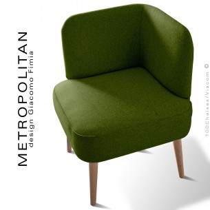 Fauteuil d'angle design METROPOLITAN, piétement hêtre naturel, habillage 100% laine, couleur vert kaki.