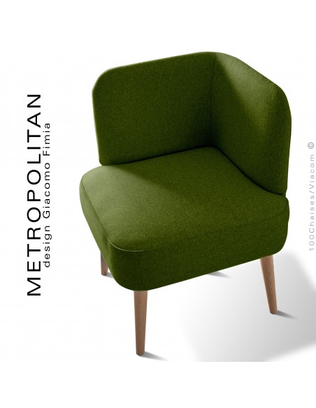 Fauteuil d'angle design METROPOLITAN, piétement hêtre naturel, habillage 100% laine, couleur vert kaki.