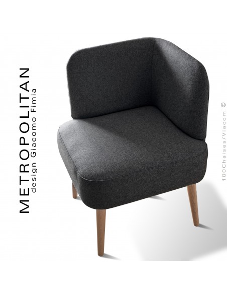 Fauteuil d'angle design METROPOLITAN, piétement hêtre naturel, habillage 100% laine, couleur noir.