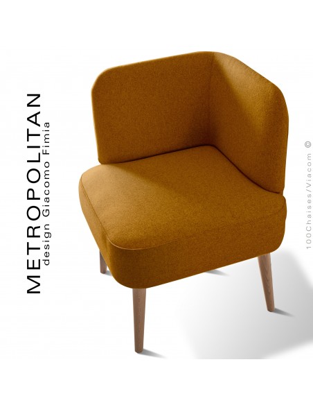 Fauteuil d'angle design METROPOLITAN, piétement hêtre naturel, habillage 100% laine, couleur orange.
