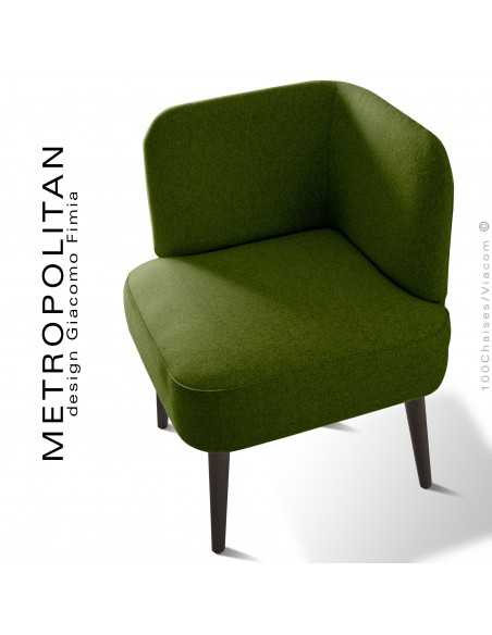 Fauteuil d'angle design METROPOLITAN, piétement hêtre teinté noir, habillage 100% laine, couleur vert kaki.