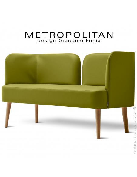 Banquette design METROPOLITAN, piétement bois naturel, habillage cuir synthétique couleur vert kaki.