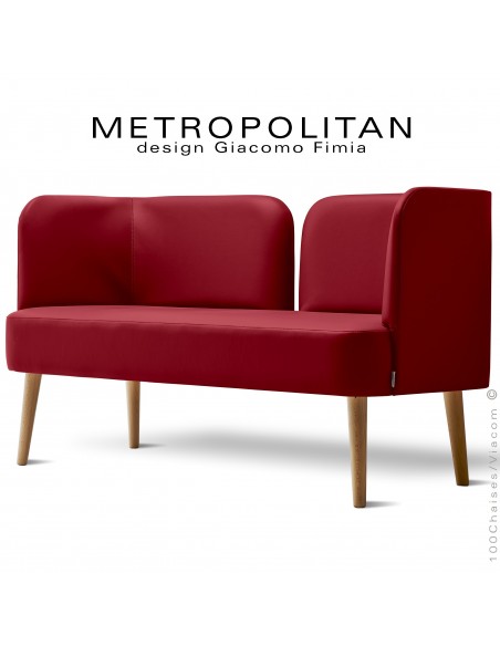 Banquette design METROPOLITAN, piétement bois naturel, habillage cuir synthétique couleur rouge.