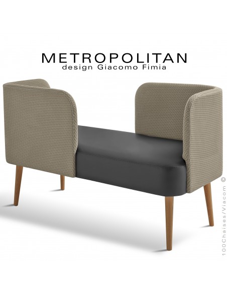 Banquette design conversation METROPOLITAN, piétement bois vernis naturel, assise cuir noir, dossier tissu Bubble couleur beige.