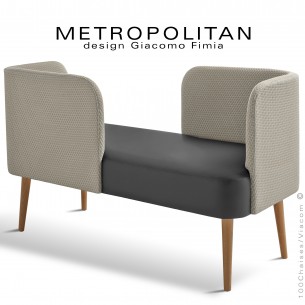 Banquette design conversation METROPOLITAN, piétement bois vernis naturel, assise cuir noir, dossier tissu Bubble crème.
