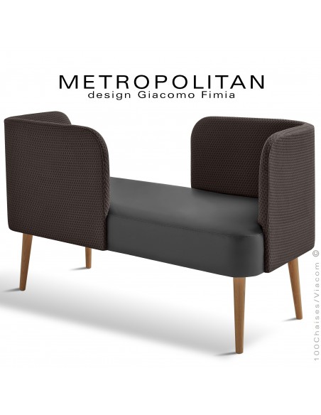 Banquette design conversation METROPOLITAN, piétement bois vernis naturel, assise cuir noir, dossier tissu Bubble marron.