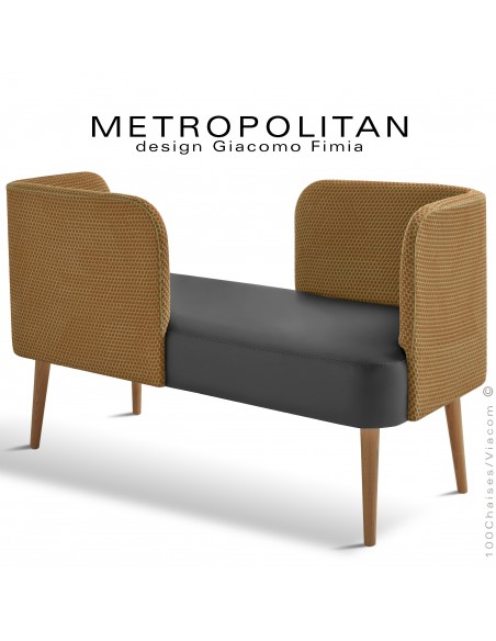 Banquette design conversation METROPOLITAN, piétement bois vernis naturel, assise cuir noir, dossier tissu Bubble orange.